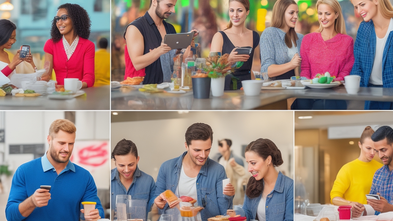 A diverse group of real people actively engaged with NFC and contactless payment technologies in authentic, bustling business environments such as cafes, retail stores, food trucks, and small local shops. Capture genuine moments of interaction: hands tapping smartphones or contactless cards on payment terminals, customers scanning QR codes with phones to access digital wallets, and business staff assisting with seamless digital transactions. Emphasize natural, soft daylight filtering through windows or outdoor settings, highlighting candid facial expressions that convey trust, ease, and focus. Scenes avoid sterile conference rooms or posed stock photo vibes, instead showcasing dynamic, real-world settings with varied backgrounds—like shelves of products, counters with visible devices, or street scenes with customers and vendors. The image centers on the technology actively in use, with clear visibility of phones, payment readers, and QR codes, making the digital interaction unmistakable and authentic. Composition balances diversity in age, ethnicity, and gender, all dressed in casual or business-casual attire, reinforcing a genuine, inclusive business atmosphere. No added text, branding, or artificial aesthetics—just honest, editorial style photography grounded in everyday digital commerce moments.