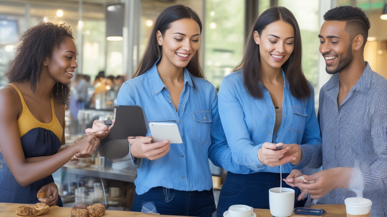 A diverse group of real people actively using NFC technology in authentic business environments beyond typical conference rooms: a barista tapping a smartphone on a contactless card reader at a bustling coffee shop counter; a retail customer making a contactless payment with their phone while smiling naturally at the cashier; a food truck vendor scanning a customer’s digital wallet with an NFC-enabled device under warm, natural daylight; an urban boutique setting where a store employee assists a shopper using a QR code displayed on her phone for a loyalty program redemption; all interactions captured with genuine expressions of engagement and convenience, emphasizing the seamless, real-time use of NFC and contactless payment technology. The scenes feature diverse individuals in their mid-20s to 40s from various ethnic backgrounds, dressed in casual-smart attire, framed with natural window light and soft shadows to avoid artificial or staged aesthetics. No posed or generic stock photo vibes—just authentic, spontaneous moments showcasing active use of digital wallets, NFC taps, and QR code scanning in everyday business settings like cafés, food trucks, and boutique shops.