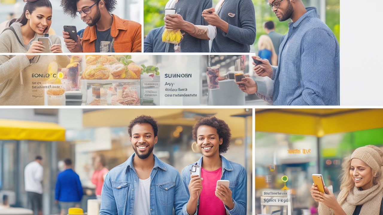 Create a high-resolution editorial-style image depicting a diverse group of real people actively using NFC technology in authentic business environments—such as a busy urban café, a bustling retail boutique, or a modern food truck setting. Showcase individuals tapping smartphones against contactless payment terminals or NFC-enabled cards, emphasizing genuine moments of transaction with natural, candid facial expressions reflecting ease and engagement. Include visible interactions with QR codes—such as customers scanning menus or redeeming digital wallets on their phones—captured under warm, natural daylight streaming through windows or outdoor settings to enhance realism. The scene should feature diverse ethnicities, ages, and genders in professional yet relaxed attire, avoiding posed or generic stock photo looks. Focus tightly on the hands and devices in motion to clearly illustrate NFC contactless payments and digital wallet usage, ensuring the technology is central and unmistakably in use rather than people passively holding devices or seated idly. The overall atmosphere must feel organic and spontaneous, with subtle environmental details—like coffee cups, merchandise displays, or menu boards—creating a lived-in business context without distracting from the technology interaction. No text, logos, or artificial lighting effects; prioritize authenticity and everyday business-life vibrancy.