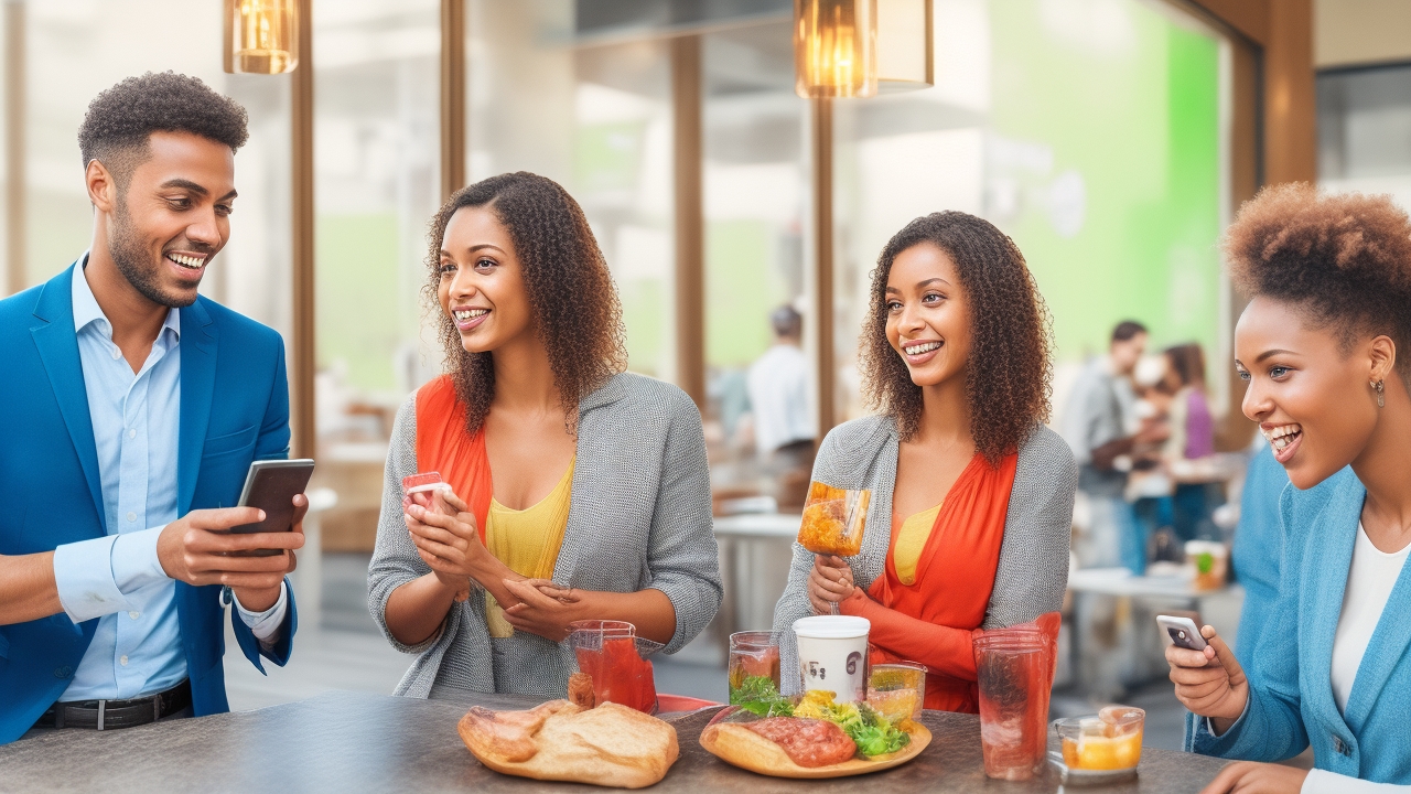 A vibrant, authentic business scene capturing diverse professionals actively using actual NFC technology in real-world environments such as bustling cafés, retail stores, or modern co-working spaces. Showcase people of varying ages and ethnicities engaging naturally—tapping smartphones on contactless payment terminals, making payments with smart cards, or interacting with visible QR codes to access digital wallets or complete transactions. Emphasize genuine facial expressions that convey focus, trust, and ease, illuminated by soft, natural daylight filtering through large windows or outdoor awnings. Avoid any staged or posed stock photo vibes by highlighting candid moments of real interaction—hands in motion completing NFC taps, subtle smiles exchanged between customers and staff, realistic tech devices with visible UI elements like payment confirmation screens. The background should feel lived-in and authentic with contextual business details—merchandise displays, menu boards, or workstation elements—while keeping the focus clearly on the active use of contactless payment technology. No laptops closed or idle; the image must portray technology genuinely integrated into the workflow and customer experience.