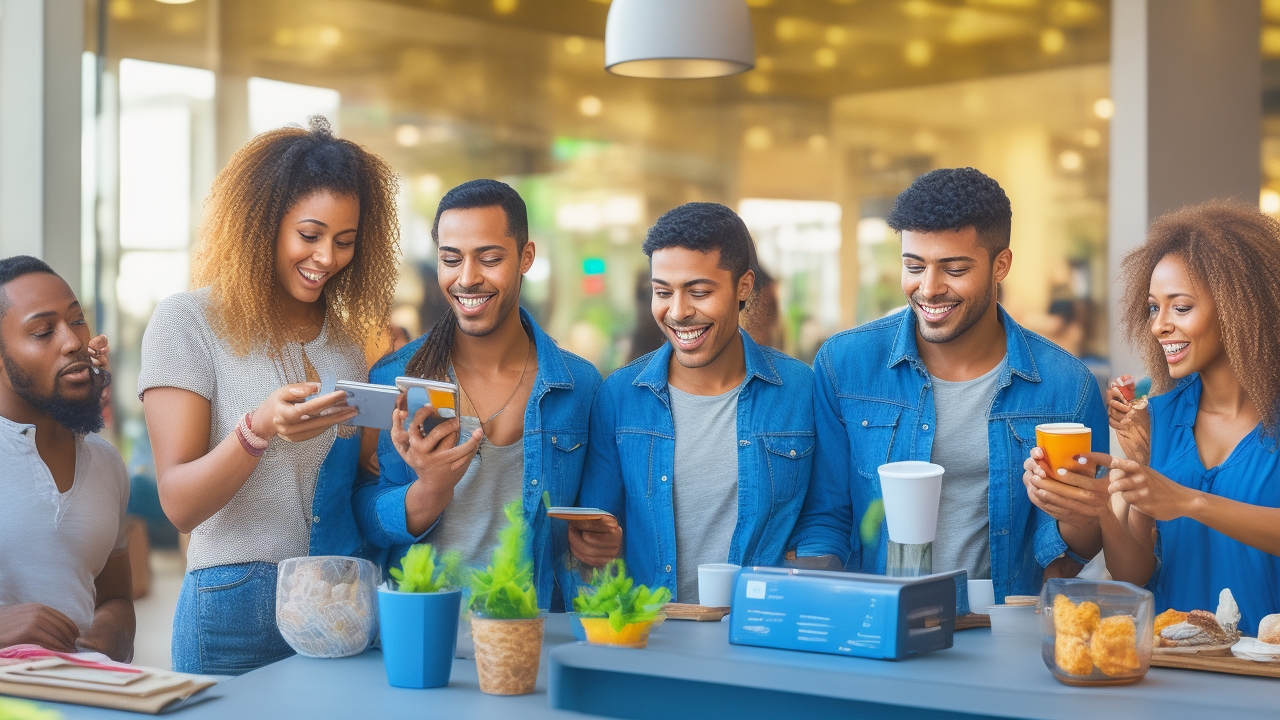A candid editorial-style photograph capturing a diverse group of real people actively using NFC technology in authentic, everyday business environments — such as bustling cafes, modern retail shops, and vibrant street markets. The scene features genuine interactions: customers tapping smartphones on contactless card readers to complete payments, a barista smiling naturally while confirming a digital wallet transaction, and patrons scanning QR codes displayed on tables or product packaging. The lighting is soft and natural, streaming through large windows or outdoor settings, highlighting sincere expressions of focus, satisfaction, and casual conversation. The composition avoids staged poses and generic stock photo aesthetics, emphasizing raw, spontaneous moments of technology seamlessly integrated into daily business operations. No laptops in view—just clear, close-up depictions of hands holding phones near NFC terminals, screens showing active payment confirmations or wallet apps, portraying a trustworthy, modern, and relatable atmosphere.