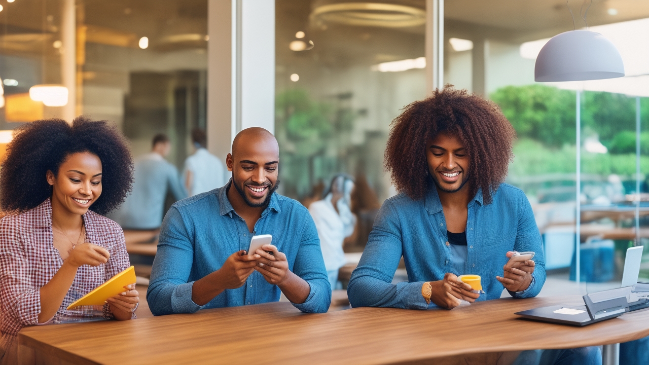 Create a high-resolution, editorial-style image depicting diverse real people actively using NFC technology in authentic business environments outside of typical conference rooms. Capture a scene where a young Black woman taps her modern smartphone to a sleek contactless payment terminal at a bustling local café counter, warmly interacting with a middle-aged Asian barista who smiles genuinely. Nearby, a Hispanic man in casual workwear scans a QR code on a digital menu with his phone, visibly engaged and expressive. Natural daylight streams through large windows, casting soft, realistic shadows and highlighting subtle facial expressions and textures. The setting feels lived-in and dynamic: visible coffee equipment, pastries, and wooden shelving create an inviting atmosphere. Phones display digital wallets or payment confirmations on screen, clearly showing active technology use without any posed or generic stock photo stiffness. Overall, the composition emphasizes authentic moments of seamless NFC and QR code interactions within vibrant, real-world business contexts. No text, branding, or artificial lighting; focus on genuine human connection and modern digital payment tools in action.