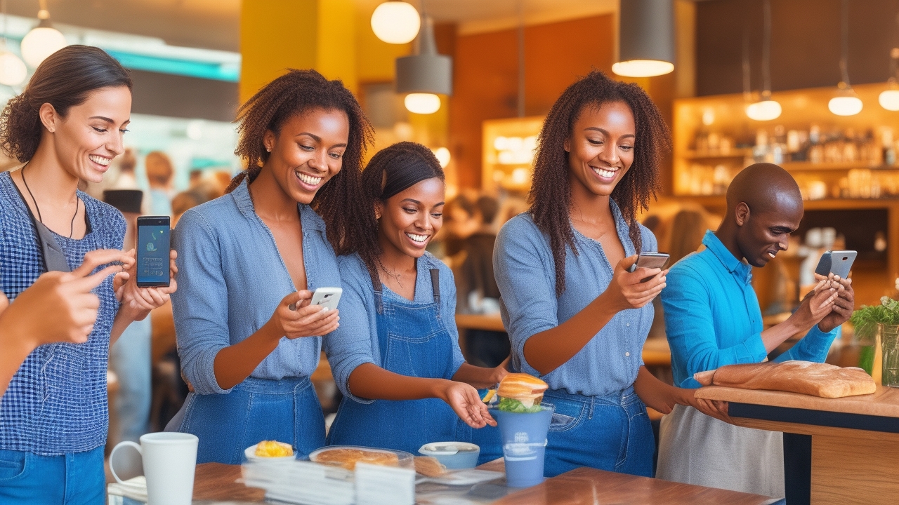 A diverse group of real people actively using NFC technology in authentic business settings: a barista taps a customer’s smartphone against a contactless card reader while smiling genuinely in a bustling coffee shop bathed in warm natural light; a retail employee assists a shopper tapping their phone to pay via digital wallet at a modern boutique counter, with visible NFC card readers and QR codes subtly placed nearby; a food truck vendor accepting a seamless contactless payment from a young customer holding their phone close to the NFC terminal, capturing spontaneous, joyful expressions; natural, candid moments of interaction showing hands tapping phones to cards and scanning QR codes, not posed or staged; warm, natural daylight filtering through large windows highlighting diverse ethnicities and age groups engaged in real transactions; emphasis on technology being actively used—phones in motion tapping or scanning, digital wallets open on screens; no generic stock photo aesthetics, no laptops or people passively sitting, just lively, genuine business environments like cafes, retail stores, and food trucks with authentic NFC and QR code usage.