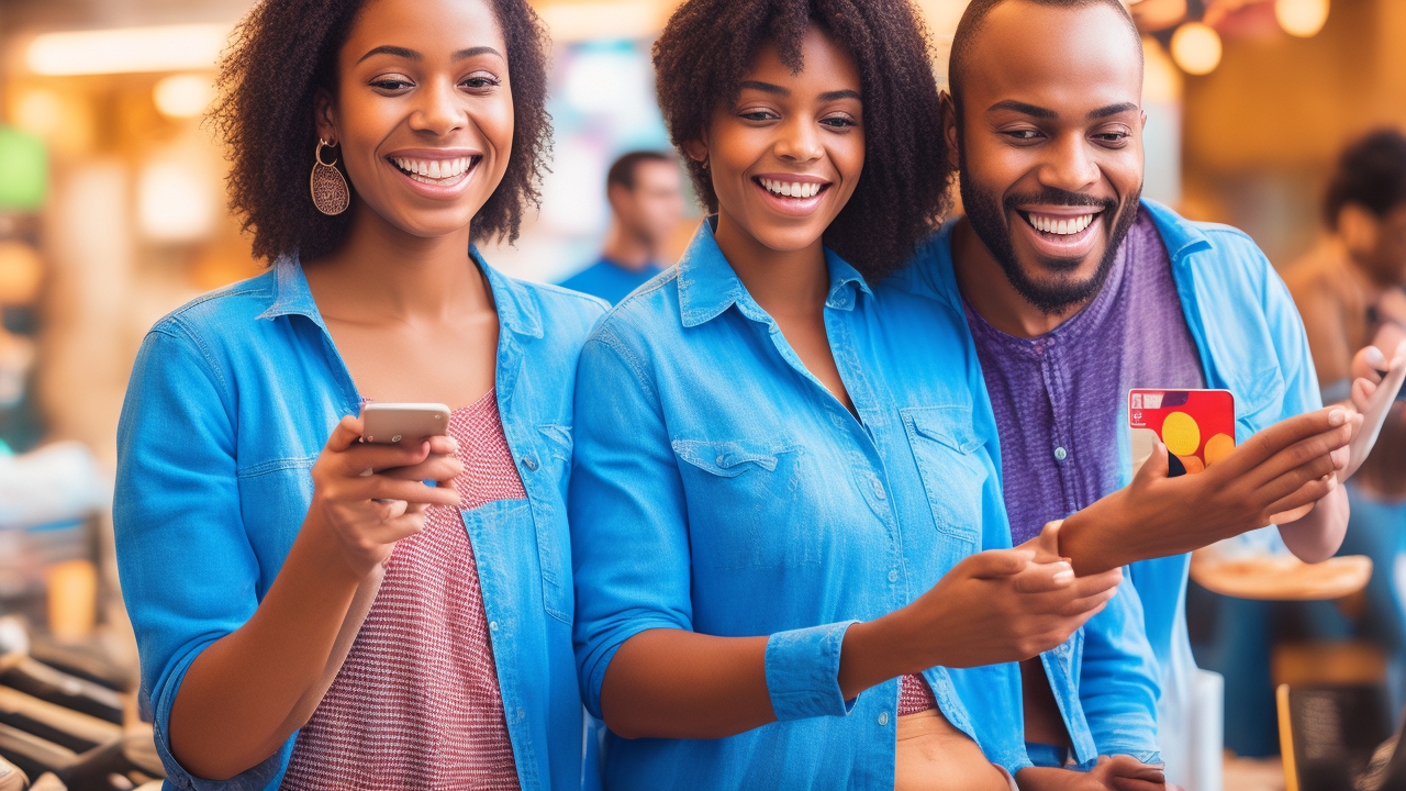 A vibrant, editorial-style photograph capturing diverse real people actively using NFC technology in authentic business environments such as bustling retail stores, cozy cafés, and modern food markets. Show close-up interactions where a person’s smartphone is tapping a contactless payment card reader or a customer is seamlessly paying with a digital wallet on their phone. Highlight genuine moments of engagement—smiles, focused expressions, and natural gestures—as staff and customers exchange goods and complete transactions. Include visible QR codes being scanned by phones in casual, everyday scenarios like ordering takeaway or checking in at a boutique. Use natural, soft daylight streaming through windows to create warm, inviting atmospheres with realistic shadows and reflections. Avoid posed or sterile stock photo looks; every element should feel candid and spontaneous, emphasizing real, active use of NFC and contactless payment technology rather than people passively holding devices. The setting features real-world details such as product displays, authentic uniforms, and handwritten price tags, reinforcing the genuine business context without any text or branding visible.