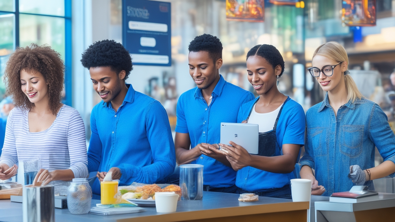 A diverse group of real people actively engaging with NFC technology in vibrant, authentic business environments—such as a bustling café where a barista taps a smartphone against a customer’s contactless card reader to complete a payment; a retail boutique where a shopper uses a phone to scan a QR code at the checkout counter; and a street food vendor accepting digital wallet payments via NFC on a tablet device. The scenes are bathed in natural daylight filtering through large windows or open streets, highlighting genuine, candid expressions of focus, friendliness, and interaction. The technology is prominently and clearly shown in active use—phones tapping cards, fingers hovering over NFC readers, digital wallet interfaces visible on screens—emphasizing real, seamless contactless transactions. The people are diverse in age, ethnicity, and style, dressed in everyday business-casual attire, situated in real-world business settings with textured backgrounds like wood countertops, shelves with products, and visible signage that reinforce authenticity. The composition avoids posed, stiff postures or generic stock photo clichés, instead capturing spontaneous moments of human connection mediated by modern digital payment technology. No text, logos, or artificial overlays appear—just natural, editorial-quality photography that tells a clear visual story of NFC and contactless payment technology integrated into daily business life.