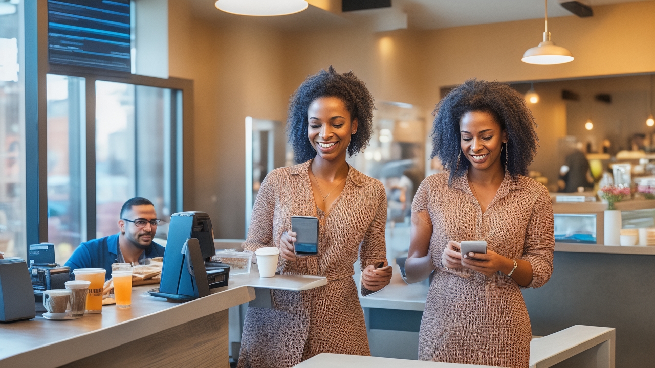 A candid editorial-style photo capturing diverse professionals actively using NFC technology in authentic business environments. In a bustling café, a Black woman warmly smiles as she taps her smartphone against a contactless payment terminal on the counter, completing a seamless payment. Nearby, a South Asian barista engages naturally, handing over a freshly brewed coffee, bathed in soft natural daylight streaming through large windows. In another scene, a Latino small business owner scans a printed QR code displayed on a rustic wooden countertop with a tablet, the interaction fluid and genuine, highlighting digital wallet functionality. The setting is vibrant and lived-in—artisan bakery interiors, boutique retail spaces, or stylish co-working hubs—not sterile office meeting rooms. Expressions are relaxed and focused, capturing authentic moments of modern commerce powered by technology. The composition utilizes warm, natural lighting to emphasize real textures and candid human emotion, avoiding posed or generic stock photo vibes. The technology—phones tapping cards, contactless terminals, visible QR codes—is clearly in use, showcasing digital payments and seamless connectivity in everyday business life.
