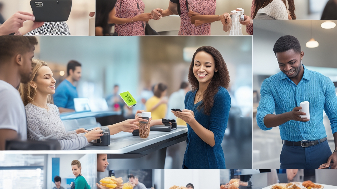 A diverse group of real people actively using NFC technology in authentic business environments—such as bustling coffee shops, modern retail stores, and busy food markets—captured in candid moments of interaction. Showcase close-up scenes of smartphones tapping contactless payment cards at point-of-sale terminals, baristas confirming digital wallet payments, and customers scanning QR codes displayed on product packaging or storefronts. Emphasize genuine expressions of focus, satisfaction, and engagement under natural daylight streaming through windows, avoiding staged or posed postures. The composition highlights visible details of the NFC devices, contactless card readers, smartphone screens displaying payment confirmations, and digital wallet interfaces, ensuring the technology is clearly in use. Backgrounds feature realistic, vibrant business settings with diverse individuals—various ages, ethnicities, and styles—interacting fluidly without resorting to generic office or conference room scenes. The overall aesthetic is cinematic and editorial, steering clear of stock photo clichés, conveying an authentic, modern-day commerce experience with dynamic, storytelling-rich visuals. No text, logos, or overlays.