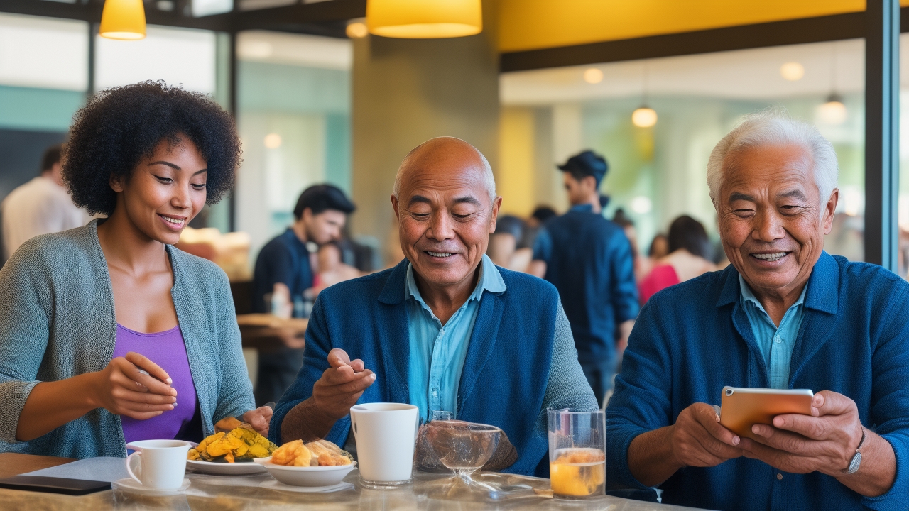 A bustling urban café bathed in warm, natural morning light, where a diverse group of real people—varying in age, ethnicity, and style—actively engage with NFC technology and digital payments. Focus on a young Black woman smiling genuinely as she taps her smartphone against a sleek contactless payment terminal to complete a purchase, while nearby, an older Asian man scans a printed QR code with his phone to access a digital menu. Capture authentic interactions: customers and baristas exchanging friendly eye contact, subtle gestures of handing over cards or phones, and the dynamic flow of a busy business environment—not a staged or posed scene. Emphasize the use of actual devices and visible NFC interfaces in real time, with candid emotions and natural body language under soft, diffused daylight filtering through large windows. Avoid any stock-photo clichés or artificial setups; prioritize a documentary-style composition that highlights technology seamlessly integrated into everyday professional settings like cafés, boutique shops, or casual retail locations. No laptops open or idle—just active, purposeful use of contactless payments, QR codes, and digital wallets by engaged individuals.