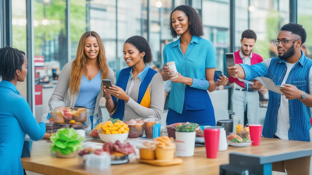 A vibrant, editorial-style photograph capturing diverse professionals actively engaging with NFC technology in authentic business environments—such as bustling café counters, modern retail boutique checkouts, and dynamic food truck service windows. Multiple individuals of varied ethnicities and ages are shown tapping smartphones against contactless payment terminals or tapping credit cards on mobile devices, illustrating real, seamless NFC payments. Nearby, staff and customers interact naturally with visible QR codes on menus or displays, scanning them using digital wallets on their phones. The scene is illuminated by soft, natural daylight streaming through large windows or open storefronts, enhancing genuine facial expressions of focus, satisfaction, and casual conversation. The composition avoids staged or generic stock photo clichés, emphasizing candid moments of technology in active use—not posed with laptops or idle devices—capturing the tactile engagement and fluid human-tech interaction within thriving, everyday business settings. No text, logos, or overlays are present in the image.