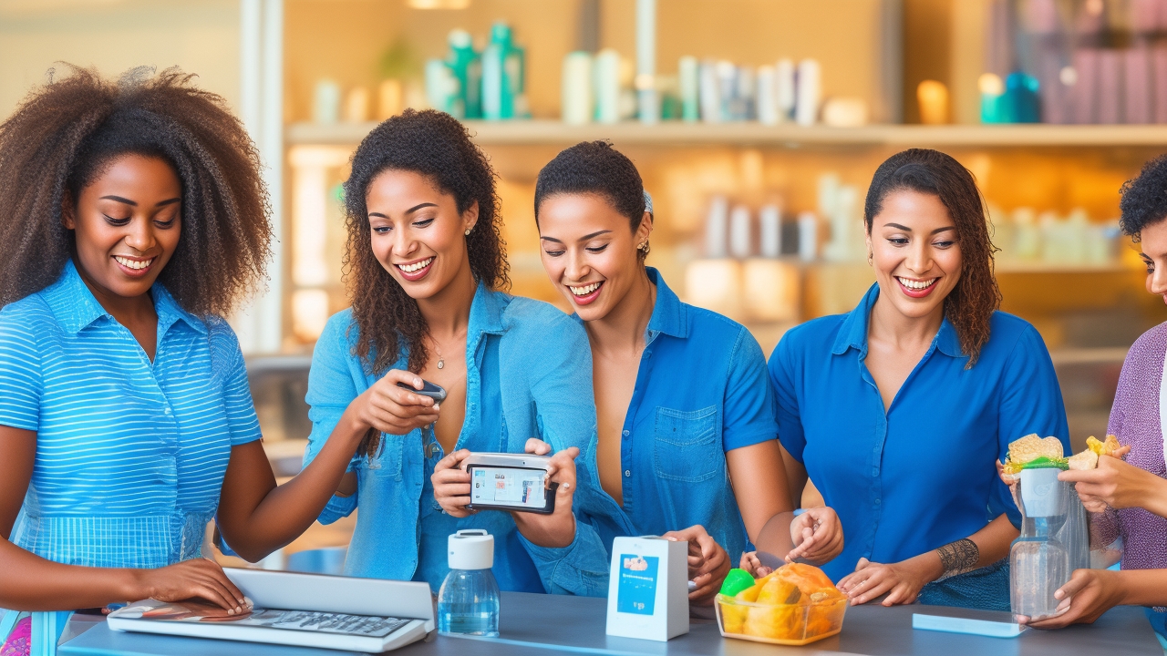 A diverse group of real people actively engaging with NFC technology in authentic business settings—customers tapping smartphones against contactless card readers at busy coffee shop counters, a retail employee processing payments using a handheld NFC device amid neatly stocked shelves, and a boutique cashier assisting a customer scanning QR codes on product tags with a digital wallet app. Capture candid moments of genuine interaction and natural smiles, with warm, natural daylight streaming through large windows creating soft shadows and inviting atmosphere. Avoid staged poses or generic stock photo looks; emphasize spontaneous, real-life expressions and dynamic body language as the technology is being used in real time. Backgrounds show lively, operational venues such as cafés, retail stores, or market stalls with visible product displays and everyday business activity, not sterile conference rooms or empty desks. The image portrays the seamless integration of NFC payments and digital tools into daily commerce, highlighting accessibility and diversity across age, ethnicity, and gender without any text, branding, or artificial lighting.