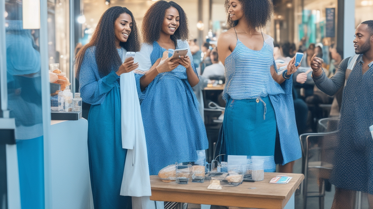 A dynamic, editorial-style photograph capturing diverse professionals actively engaging with NFC technology and digital payments in authentic business settings—such as a bustling urban café, a cozy boutique shop, or a modern outdoor market stall. The scene features real people of varied ethnicities and ages, naturally interacting with smartphones tapping contactless cards at payment terminals, scanning QR codes displayed on sleek digital kiosks, and accessing digital wallets on their devices. The environment is vibrant yet genuine, avoiding staged or sterile conference rooms, illuminated by soft natural daylight filtering through windows or open-air spaces. Genuine, candid expressions reflect focused attention and seamless technology use, emphasizing fluid human-technology interaction without posed stiff postures or generic stock photo vibes. The image clearly shows the NFC transactions in progress, with close-up details of hands holding phones near readers, visible screens displaying payment confirmations, and subtle background elements indicating a thriving business atmosphere. No text, logos, or artificial lighting effects to maintain authenticity and editorial integrity.