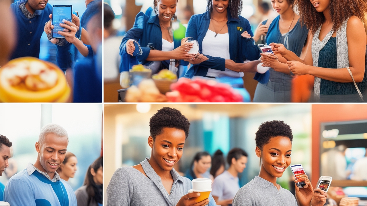 A diverse group of real professionals actively using NFC technology in authentic business environments—such as a busy urban café, a local boutique store, and a bustling food market—captured in candid moments of interaction. Show close-up shots of hands tapping smartphones to contactless payment terminals and cards, genuine expressions of focus and satisfaction on the users’ faces. Include scenes of people scanning QR codes displayed on digital menus or at checkout counters, and customers seamlessly using digital wallets on their phones to complete transactions. Use natural daylight streaming through large windows or outdoor settings to highlight the textures and colors of the environment and the technology in use. Avoid staged or posed compositions; instead, emphasize spontaneous, everyday business moments with diverse individuals from different ages and backgrounds, wearing casual to smart-casual attire. Ensure visible details of actual NFC devices and smartphone screens, showcasing the technology actively engaged—not idle or merely held—within vibrant, real-world contexts that feel lived-in and authentic.