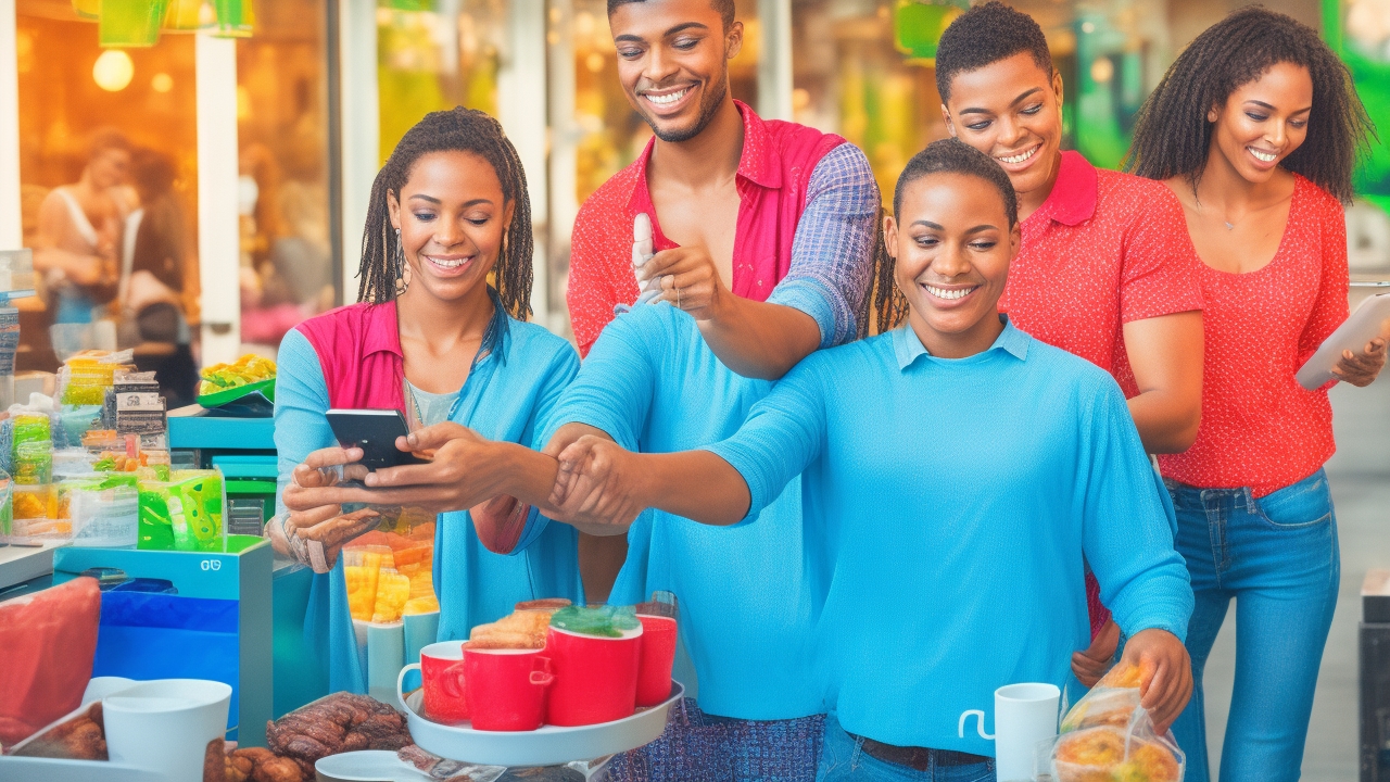 A vibrant editorial-style image capturing real people actively engaging with NFC technology in authentic business environments—such as bustling urban coffee shops, trendy boutiques, or lively food markets. Diverse individuals of various ages and ethnicities are shown in candid moments: phones tapping contactless credit cards or digital wallets to pay at cashier terminals, shop staff smiling genuinely while assisting customers scanning QR codes for menus or loyalty programs. Natural daylight streams through large windows, creating warm, inviting atmospheres with soft shadows. Expressions reflect focused yet relaxed interactions, conveying trust and ease. The technology is clearly visible and in active use—hands holding smartphones near NFC readers, screens displaying transaction confirmations—eschewing posed or generic stock-photo vibes. Backgrounds include subtle, real-world business details (product displays, branded packaging, menus) emphasizing authentic, everyday commerce rather than staged setups. No laptops or traditional office settings.