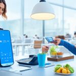 Create a high-resolution, natural-light editorial image capturing diverse business professionals actively engaging with NFC technology in authentic, real-world work environments such as boutique retail shops, bustling cafés, modern marketplaces, or coworking spaces with visible commerce elements. Showcase genuine moments: a person tapping their smartphone on a contactless payment terminal to complete a transaction; another scanning QR codes displayed on small product tags or digital menus; colleagues exchanging digital wallet confirmations on their phones after seamless payments. Include a mix of ethnicities and ages wearing smart-casual attire, emphasizing warm, spontaneous facial expressions that convey trust and ease. The setting should feel lived-in and vibrant—avoid sterile office or conference room backdrops—and the technology interaction must be prominent and clearly visible, with phone screens, NFC readers, or QR codes in sharp focus. Ambient daylight should illuminate the scene softly through windows, enhancing authenticity and warmth, steering clear of posed or overly polished stock photo aesthetics. No text overlays, branding, or staged smiles—just real people using NFC and digital payment technologies naturally within dynamic business contexts.