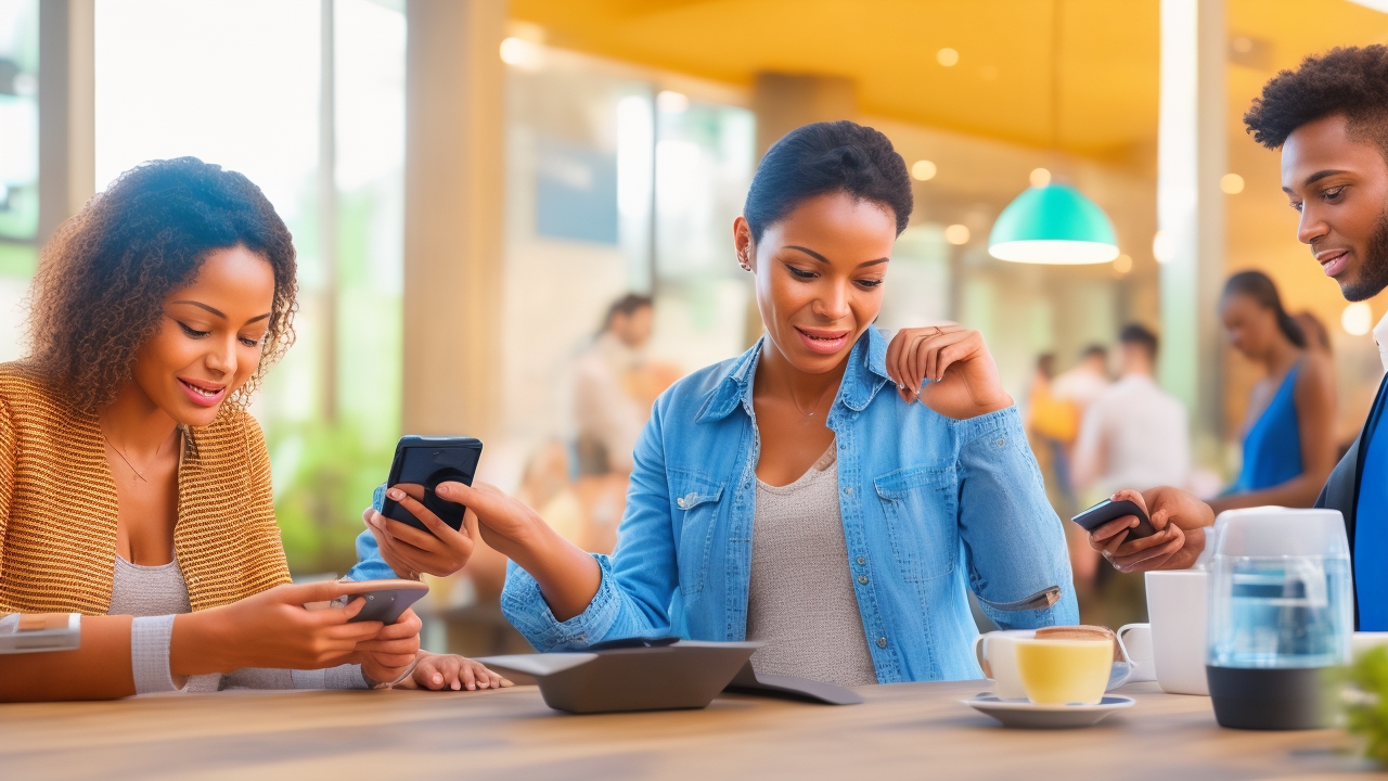 A candid, editorial-style photograph capturing diverse real people actively using NFC technology in authentic business environments—such as bustling coffee shops, busy retail stores, and lively urban food markets—with natural daylight streaming through windows. Focus on close-up and mid-shot compositions showing hands tapping smartphones against contactless payment terminals or NFC-enabled cards, customers interacting spontaneously with digital wallets and scanning QR codes displayed on modern product packaging or checkout counters. Subjects display genuine expressions of concentration, satisfaction, and engagement without posing or artificial smiles. The scene avoids generic stock photo clichés by emphasizing dynamic, unscripted moments of technology seamlessly integrated into everyday commercial activities—no staged office or conference room settings. The lighting is soft and natural, highlighting textures and vivid details like smartphone screens, card readers, and authentic business signage in the surroundings, creating a warm, believable atmosphere that conveys trust and ease in digital payment experiences.