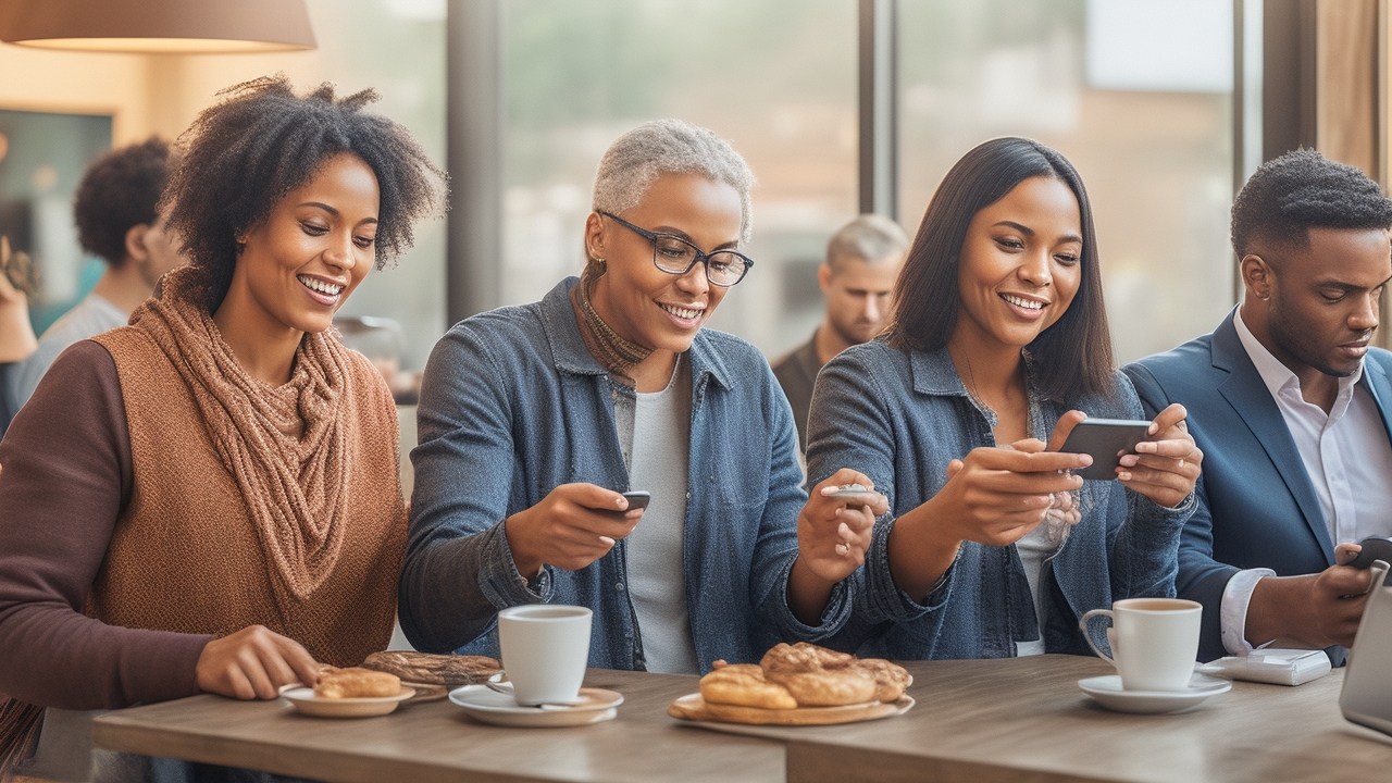 A vibrant urban café scene bathed in warm, natural morning light, featuring a diverse group of real people of different ages and ethnicities engaged in authentic business interactions. One woman with a confident smile taps her smartphone against a barista’s NFC-enabled payment terminal to complete a contactless payment, while nearby, a middle-aged man scans a visible QR code on a digital menu displayed on a tablet to place his order. In the background, a casually dressed small business owner uses a digital wallet app on their phone to transfer funds to a supplier, the screen visibly illuminated by the device’s glow. The environment is lively yet genuine—not staged—showcasing real moments of active digital technology use in a working front-of-house business setting. Natural expressions of focus, curiosity, and satisfaction capture the human side of seamless NFC and QR code transactions, with soft window light highlighting faces and devices. Avoid any posed or generic stock photo vibes; instead, convey candid, meaningful technology interactions amid everyday business operations in a modern, relatable setting.